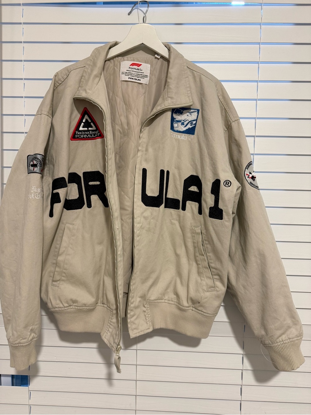 PacSun Beige Formula 1 Patch Bomber Jacket